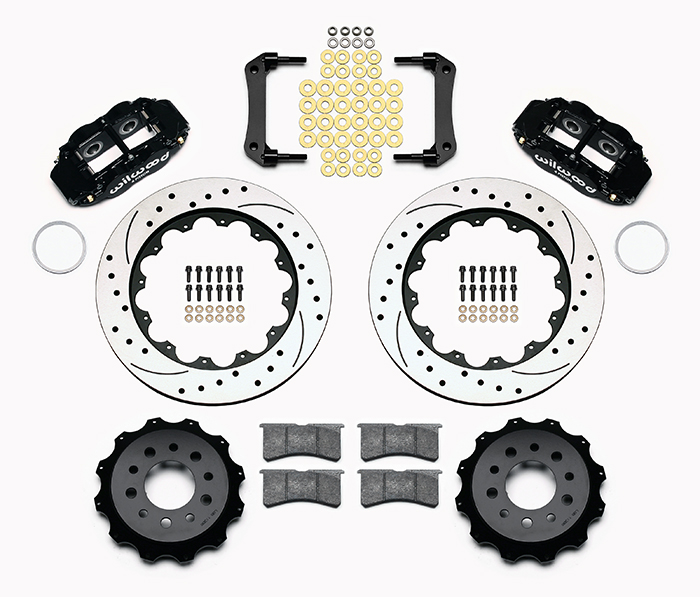 Wilwood Forged Narrow Superlite 4R Big Brake Rear Kit Parts Laid Out - Black Powder Coat Caliper - SRP Drilled & Slotted Rotor