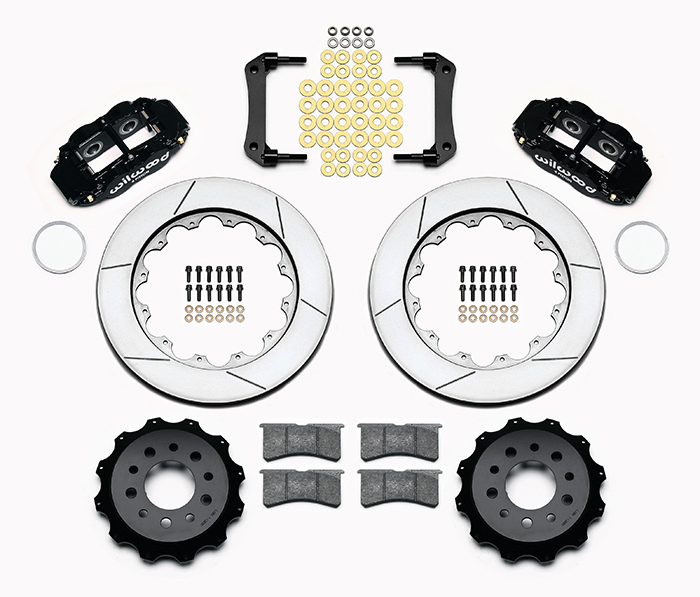 Wilwood Forged Narrow Superlite 4R Big Brake Rear Kit Parts Laid Out - Black Powder Coat Caliper - GT Slotted Rotor