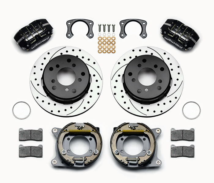 Wilwood Dynapro Lug Mount Rear Parking Brake Kit Parts Laid Out - Black Powder Coat Caliper - SRP Drilled & Slotted Rotor