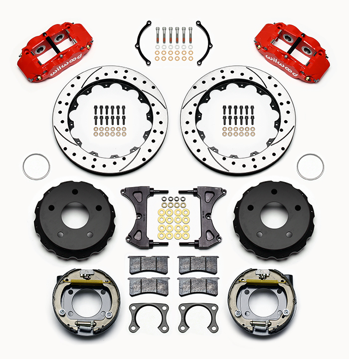 Wilwood Forged Narrow Superlite 4R Big Brake Rear Parking Brake Kit Parts Laid Out - Red Powder Coat Caliper - SRP Drilled & Slotted Rotor