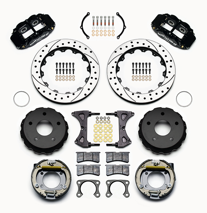 Wilwood Forged Narrow Superlite 4R Big Brake Rear Parking Brake Kit Parts Laid Out - Black Powder Coat Caliper - SRP Drilled & Slotted Rotor