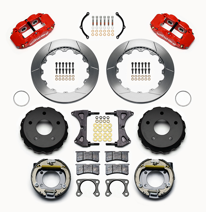 Wilwood Forged Narrow Superlite 4R Big Brake Rear Parking Brake Kit Parts Laid Out - Red Powder Coat Caliper - GT Slotted Rotor