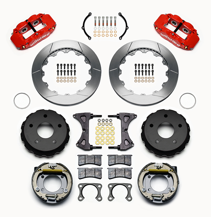 Wilwood Forged Narrow Superlite 4R Big Brake Rear Parking Brake Kit Parts Laid Out - Red Powder Coat Caliper - GT Slotted Rotor