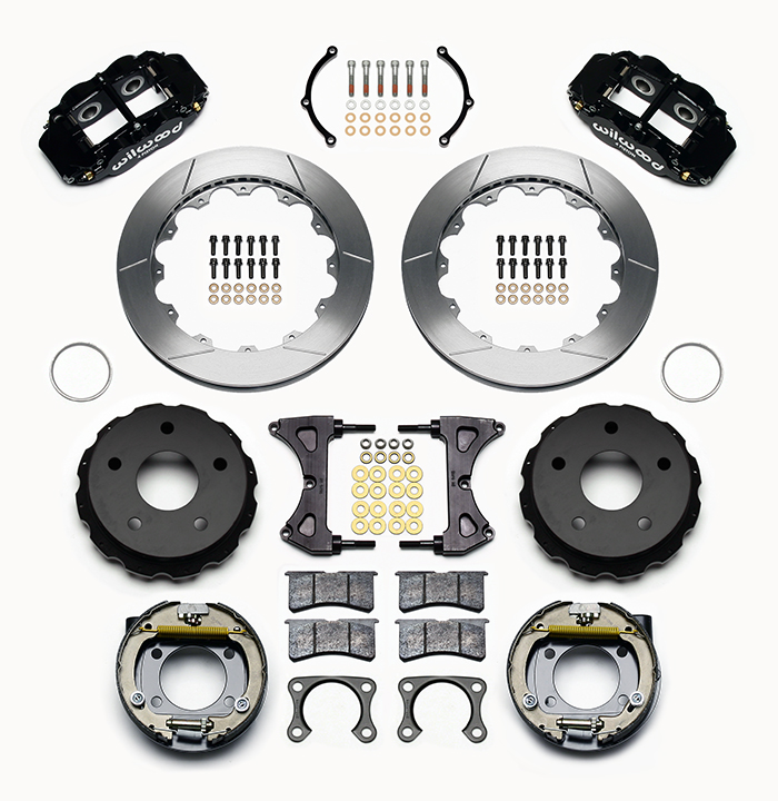 Wilwood Forged Narrow Superlite 4R Big Brake Rear Parking Brake Kit Parts Laid Out - Black Powder Coat Caliper - GT Slotted Rotor