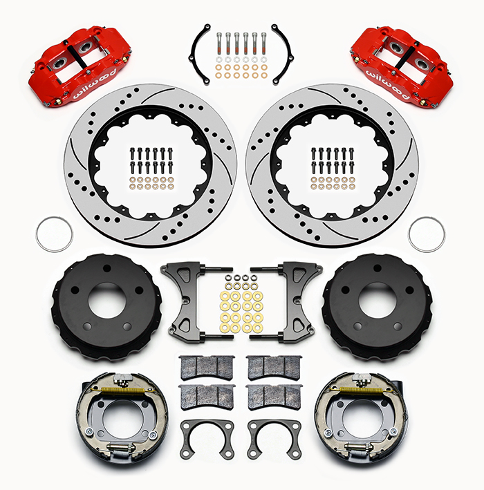 Wilwood Forged Narrow Superlite 4R Big Brake Rear Parking Brake Kit Parts Laid Out - Red Powder Coat Caliper - SRP Drilled & Slotted Rotor