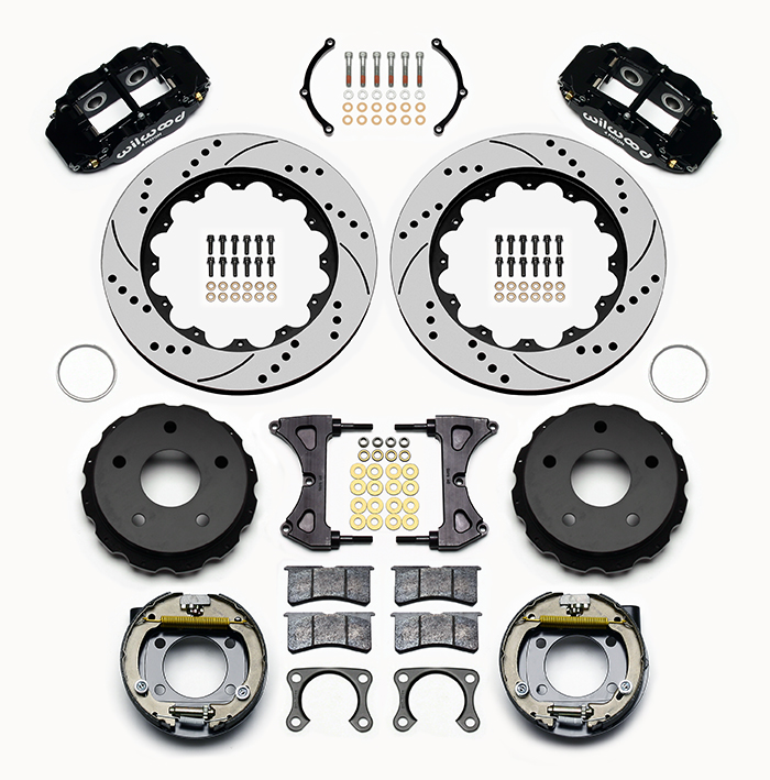 Wilwood Forged Narrow Superlite 4R Big Brake Rear Parking Brake Kit Parts Laid Out - Black Powder Coat Caliper - SRP Drilled & Slotted Rotor