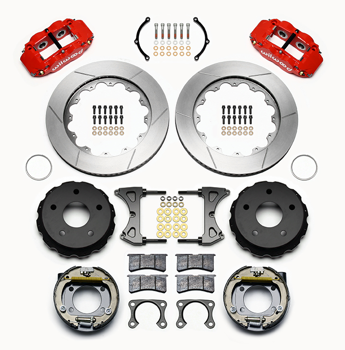 Wilwood Forged Narrow Superlite 4R Big Brake Rear Parking Brake Kit Parts Laid Out - Red Powder Coat Caliper - GT Slotted Rotor