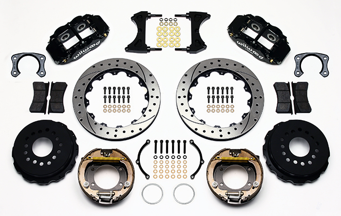 Wilwood Forged Narrow Superlite 4R Big Brake Rear Parking Brake Kit Parts Laid Out - Black Powder Coat Caliper - SRP Drilled & Slotted Rotor