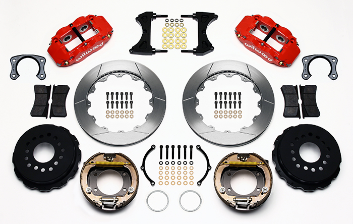 Wilwood Forged Narrow Superlite 4R Big Brake Rear Parking Brake Kit Parts Laid Out - Red Powder Coat Caliper - GT Slotted Rotor