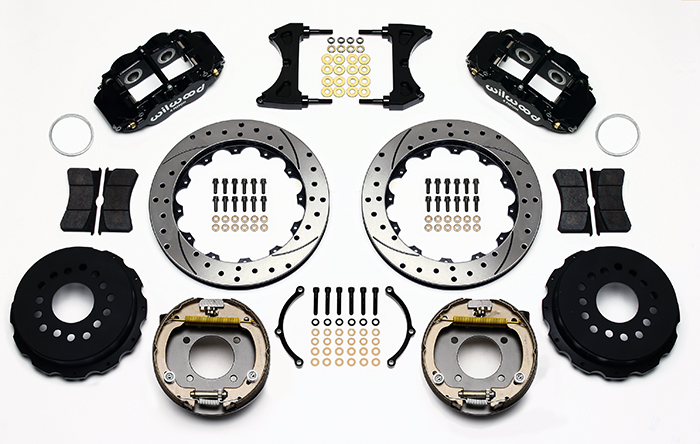 Wilwood Forged Narrow Superlite 4R Big Brake Rear Parking Brake Kit Parts Laid Out - Black Powder Coat Caliper - SRP Drilled & Slotted Rotor