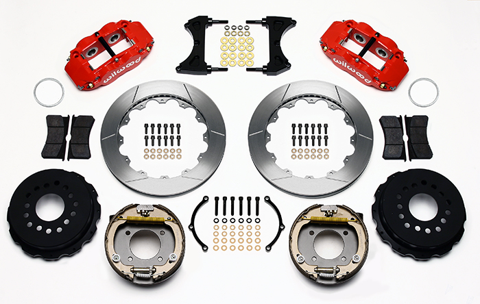 Wilwood Forged Narrow Superlite 4R Big Brake Rear Parking Brake Kit Parts Laid Out - Red Powder Coat Caliper - GT Slotted Rotor