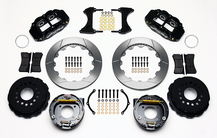 Wilwood Forged Narrow Superlite 4R Big Brake Rear Parking Brake Kit Parts Laid Out - Black Powder Coat Caliper - GT Slotted Rotor