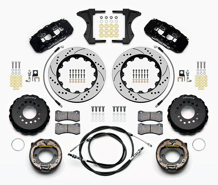 Wilwood AERO4 Big Brake Rear Parking Brake Kit Parts Laid Out - Black Powder Coat Caliper - SRP Drilled & Slotted Rotor