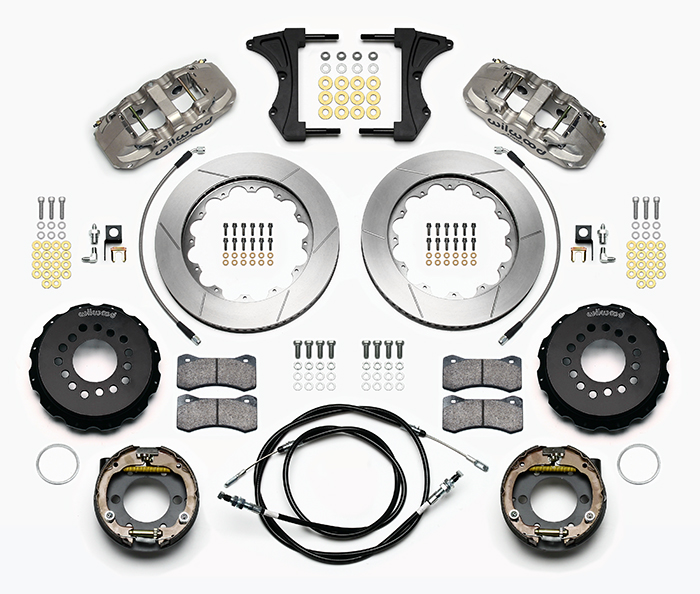 Wilwood AERO4 Big Brake Rear Parking Brake Kit Parts Laid Out - Nickel Plate Caliper - GT Slotted Rotor