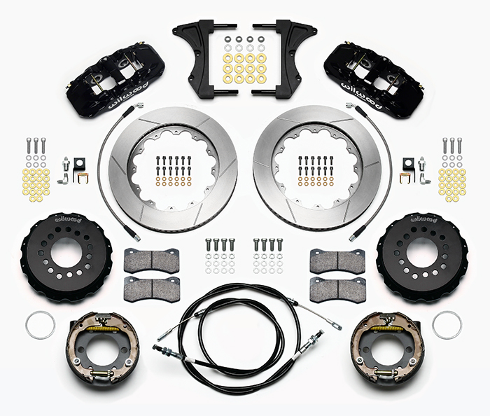 Wilwood AERO4 Big Brake Rear Parking Brake Kit Parts Laid Out - Black Powder Coat Caliper - GT Slotted Rotor