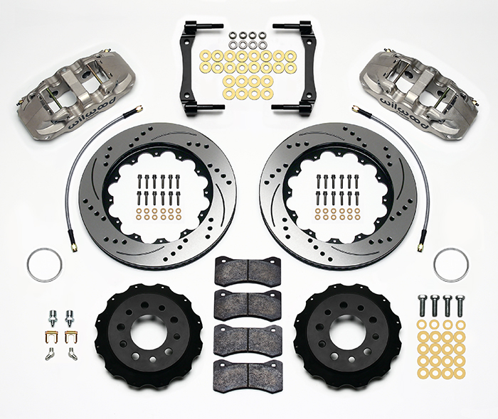 Wilwood AERO4 Big Brake Rear Brake Kit For OE Parking Brake Parts Laid Out - Nickel Plate Caliper - SRP Drilled & Slotted Rotor