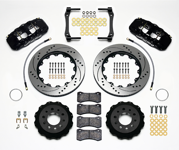 Wilwood AERO4 Big Brake Rear Brake Kit For OE Parking Brake Parts Laid Out - Black Powder Coat Caliper - SRP Drilled & Slotted Rotor