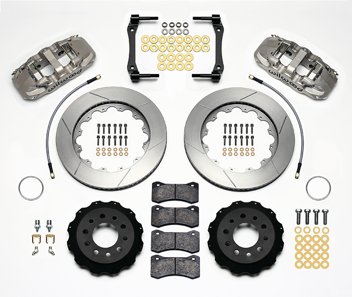 Wilwood AERO4 Big Brake Rear Brake Kit For OE Parking Brake Parts Laid Out - Nickel Plate Caliper - GT Slotted Rotor