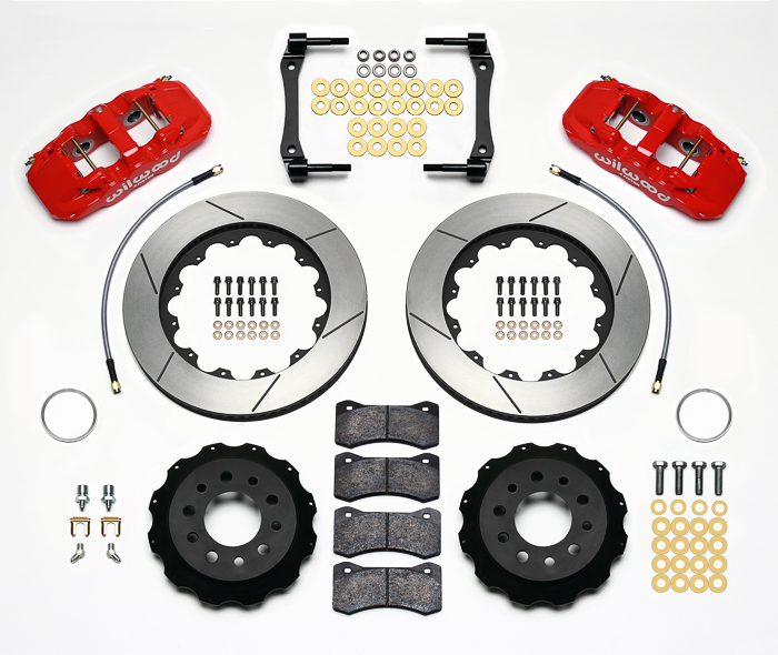 Wilwood AERO4 Big Brake Rear Brake Kit For OE Parking Brake Parts Laid Out - Red Powder Coat Caliper - GT Slotted Rotor