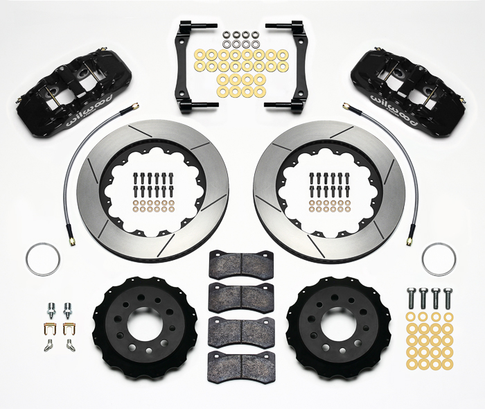 Wilwood AERO4 Big Brake Rear Brake Kit For OE Parking Brake Parts Laid Out - Black Powder Coat Caliper - GT Slotted Rotor