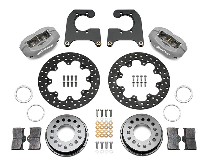 Wilwood Forged Dynalite Rear Drag Brake Kit Parts Laid Out - Type III Anodize Caliper - Drilled Rotor