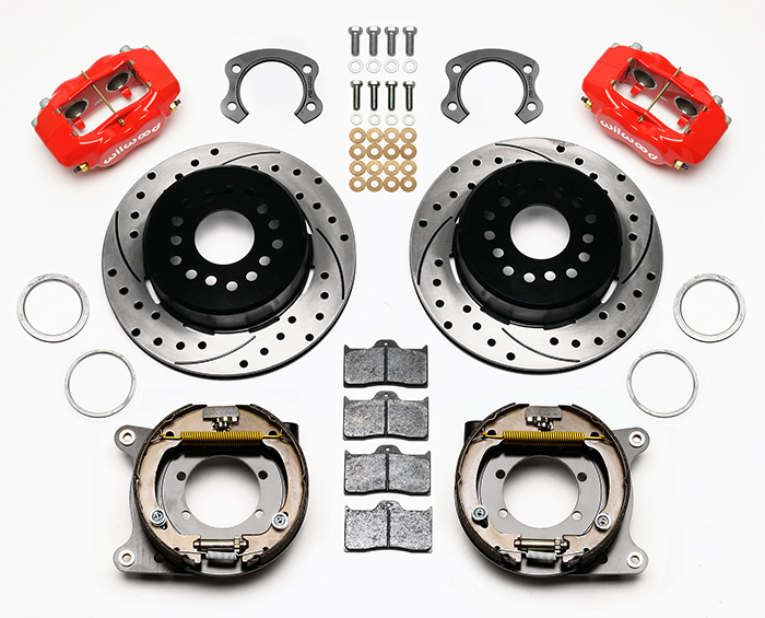 Wilwood Forged Dynalite Rear Parking Brake Kit Parts Laid Out - Red Powder Coat Caliper - SRP Drilled & Slotted Rotor