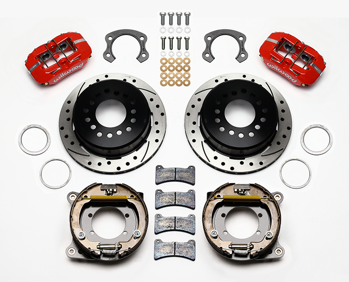 Wilwood Forged Dynapro Low-Profile Rear Parking Brake Kit Parts Laid Out - Red Powder Coat Caliper - SRP Drilled & Slotted Rotor