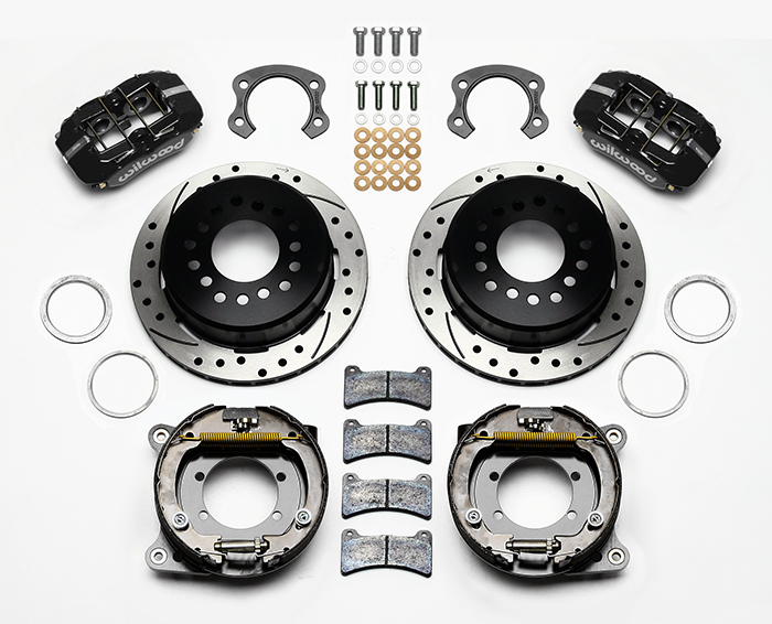 Wilwood Forged Dynapro Low-Profile Rear Parking Brake Kit Parts Laid Out - Black Powder Coat Caliper - SRP Drilled & Slotted Rotor