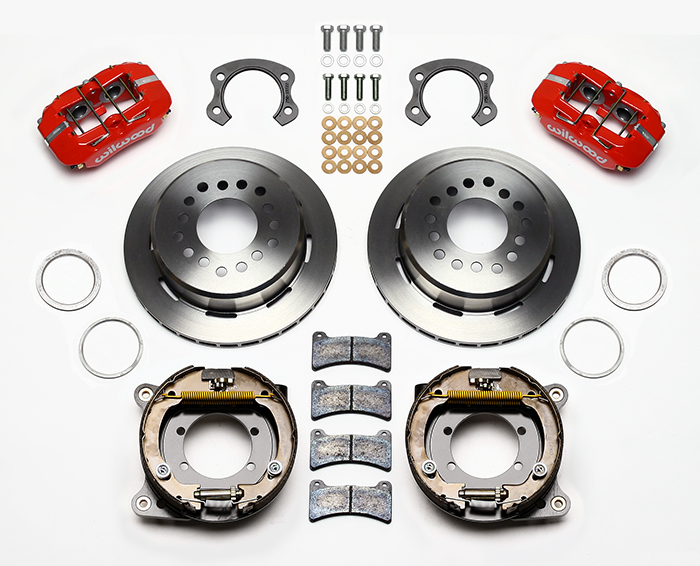 Wilwood Forged Dynapro Low-Profile Rear Parking Brake Kit Parts Laid Out - Red Powder Coat Caliper - Plain Face Rotor