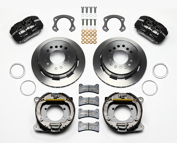 Wilwood Forged Dynapro Low-Profile Rear Parking Brake Kit Parts Laid Out - Black Powder Coat Caliper - Plain Face Rotor