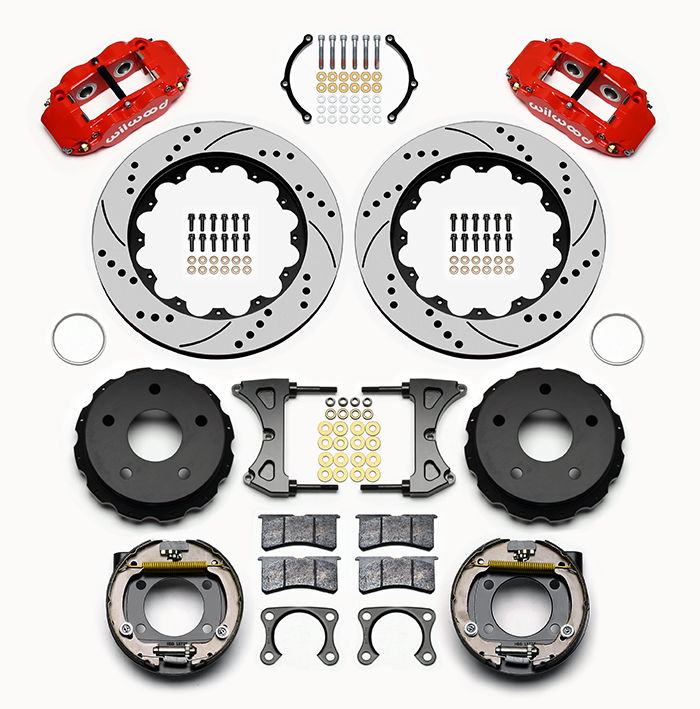 Wilwood Forged Narrow Superlite 4R Big Brake Rear Parking Brake Kit Parts Laid Out - Red Powder Coat Caliper - SRP Drilled & Slotted Rotor