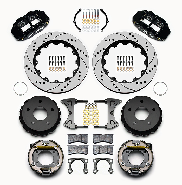 Wilwood Forged Narrow Superlite 4R Big Brake Rear Parking Brake Kit Parts Laid Out - Black Powder Coat Caliper - SRP Drilled & Slotted Rotor