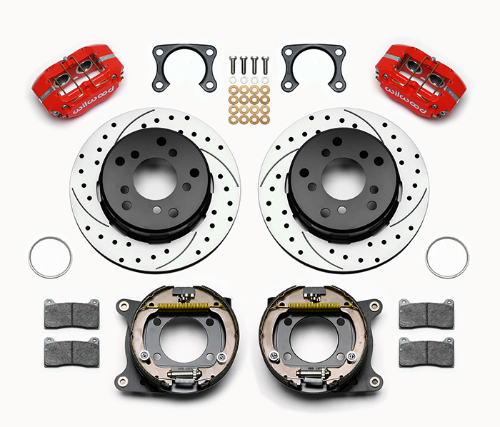 Wilwood Dynapro Lug Mount Rear Parking Brake Kit Parts Laid Out - Red Powder Coat Caliper - SRP Drilled & Slotted Rotor