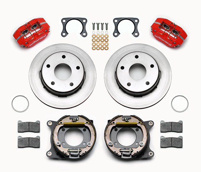 Wilwood Dynapro Lug Mount Rear Parking Brake Kit Parts Laid Out - Red Powder Coat Caliper - Plain Face Rotor