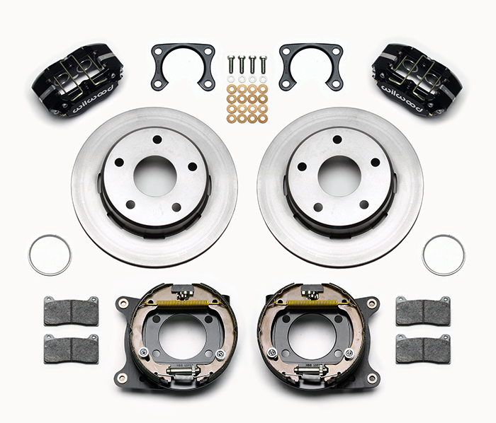 Wilwood Dynapro Lug Mount Rear Parking Brake Kit Parts Laid Out - Black Powder Coat Caliper - Plain Face Rotor