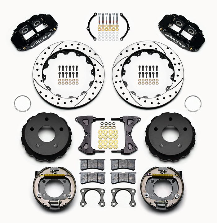 Wilwood Forged Narrow Superlite 4R Big Brake Rear Parking Brake Kit Parts Laid Out - Black Powder Coat Caliper - SRP Drilled & Slotted Rotor