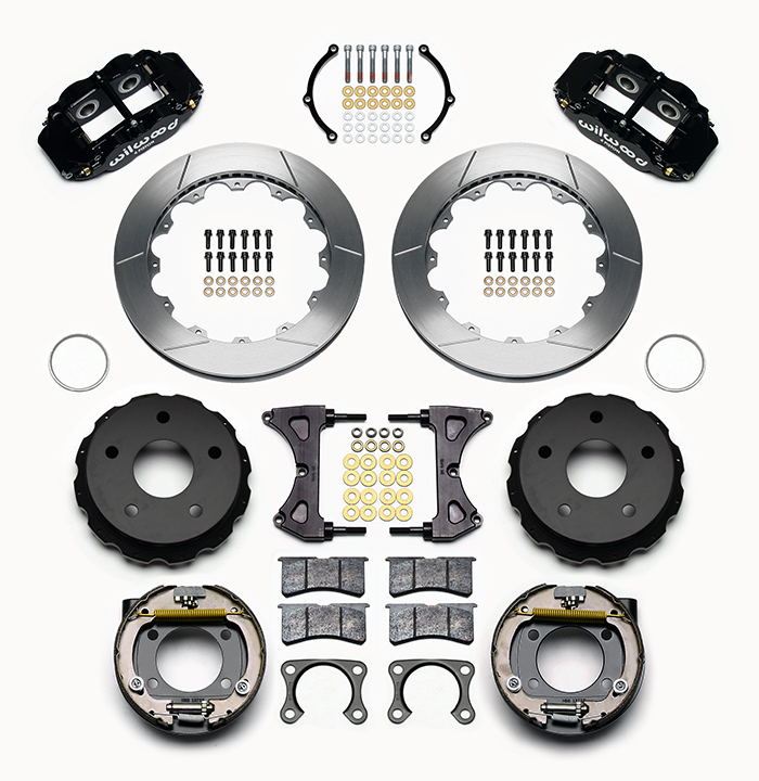 Wilwood Forged Narrow Superlite 4R Big Brake Rear Parking Brake Kit Parts Laid Out - Black Powder Coat Caliper - GT Slotted Rotor