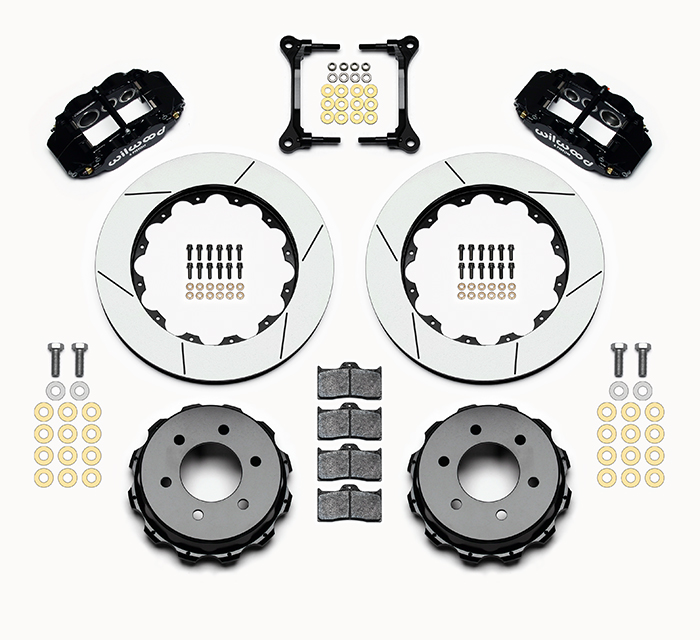 Wilwood Forged Narrow Superlite 6R Big Brake Rear Brake Kit For OE Parking Brake Parts Laid Out - Black Powder Coat Caliper - GT Slotted Rotor