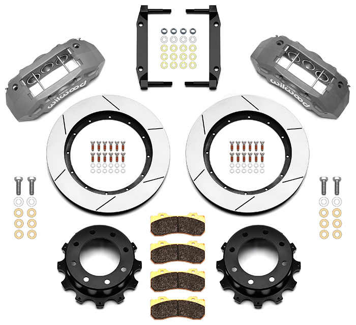 Wilwood TX6R Big Brake Truck Rear Brake Kit Parts Laid Out - Type III Anodize Caliper - GT Slotted Rotor