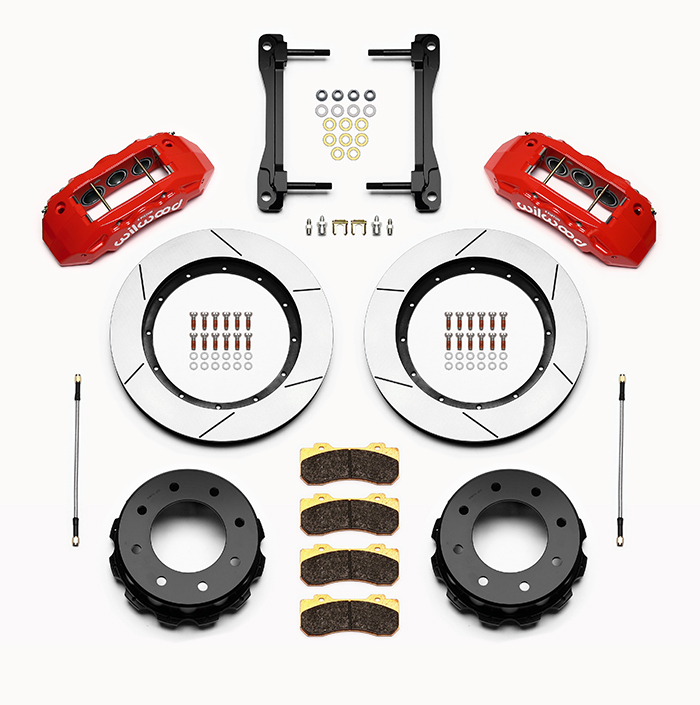 Wilwood TX6R Big Brake Truck Rear Brake Kit Parts Laid Out - Red Powder Coat Caliper - GT Slotted Rotor