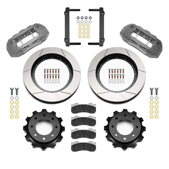 Wilwood TX6R Big Brake Truck Rear Brake Kit Parts Laid Out - Type III Anodize Caliper - GT Slotted Rotor