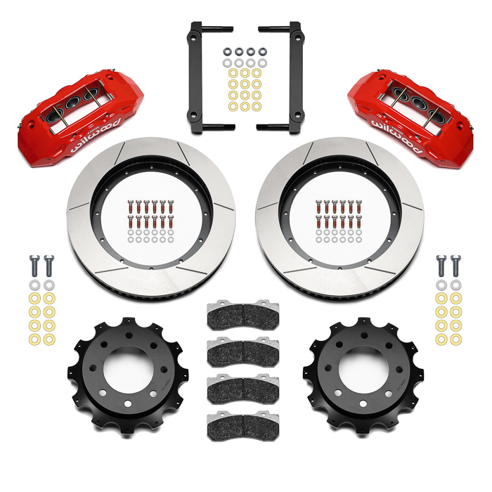 Wilwood TX6R Big Brake Truck Rear Brake Kit Parts Laid Out - Red Powder Coat Caliper - GT Slotted Rotor