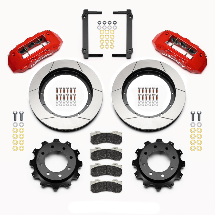 Wilwood TX6R Big Brake Truck Rear Brake Kit Parts Laid Out - Red Powder Coat Caliper - GT Slotted Rotor