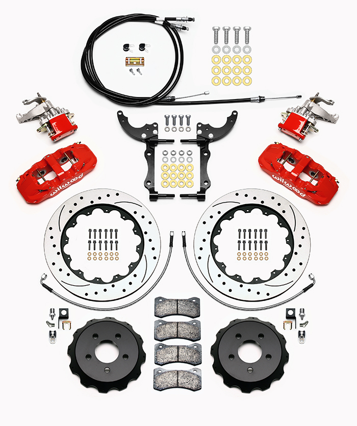 Wilwood AERO4-MC4 Big Brake Rear Parking Brake Kit Parts Laid Out - Red Powder Coat Caliper - SRP Drilled & Slotted Rotor