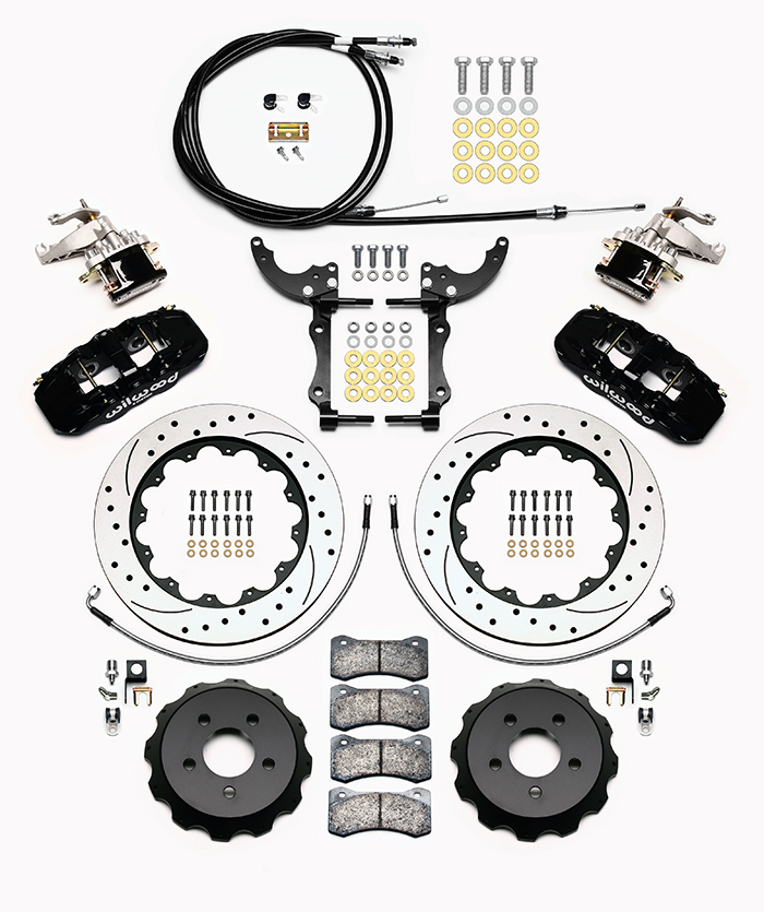 Wilwood AERO4-MC4 Big Brake Rear Parking Brake Kit Parts Laid Out - Black Powder Coat Caliper - SRP Drilled & Slotted Rotor