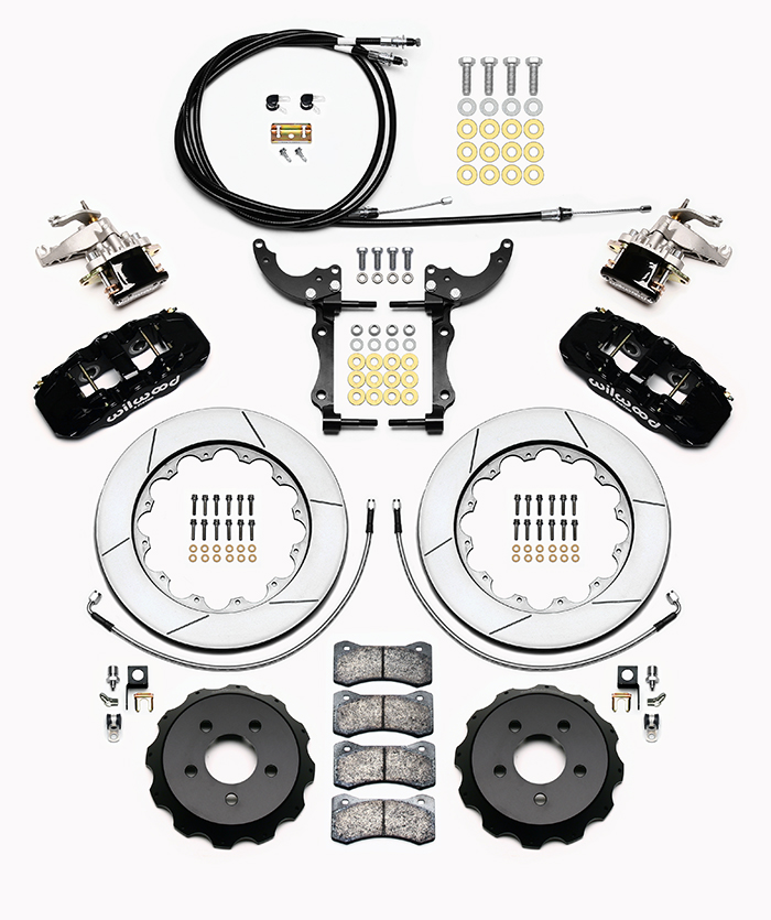 Wilwood AERO4-MC4 Big Brake Rear Parking Brake Kit Parts Laid Out - Black Powder Coat Caliper - GT Slotted Rotor