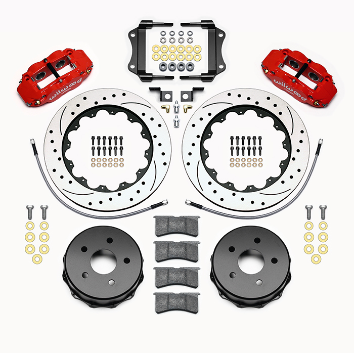 Wilwood Forged Narrow Superlite 4R Big Brake Rear Brake Kit For OE Parking Brake Parts Laid Out - Red Powder Coat Caliper - SRP Drilled & Slotted Rotor