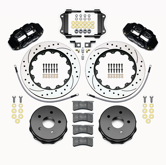 Wilwood Forged Narrow Superlite 4R Big Brake Rear Brake Kit For OE Parking Brake Parts Laid Out - Black Powder Coat Caliper - SRP Drilled & Slotted Rotor
