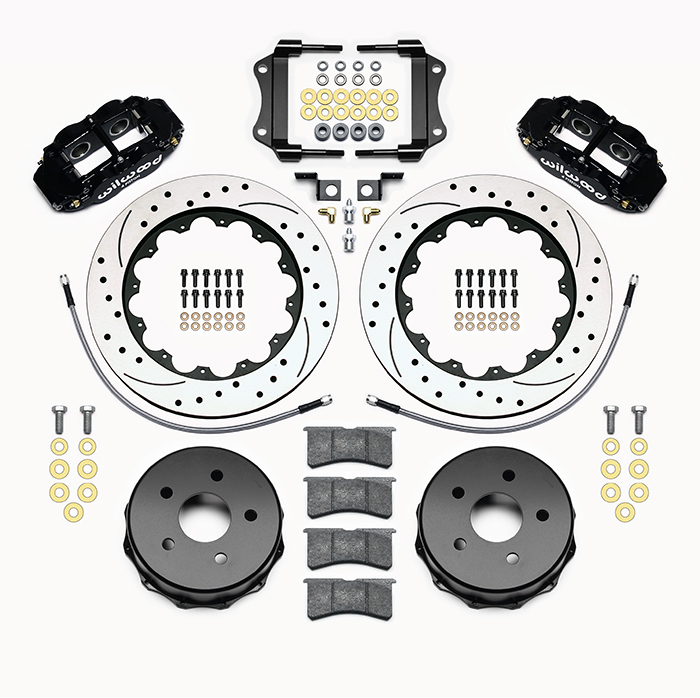 Wilwood Forged Narrow Superlite 4R Big Brake Rear Brake Kit For OE Parking Brake Parts Laid Out - Black Powder Coat Caliper - SRP Drilled & Slotted Rotor