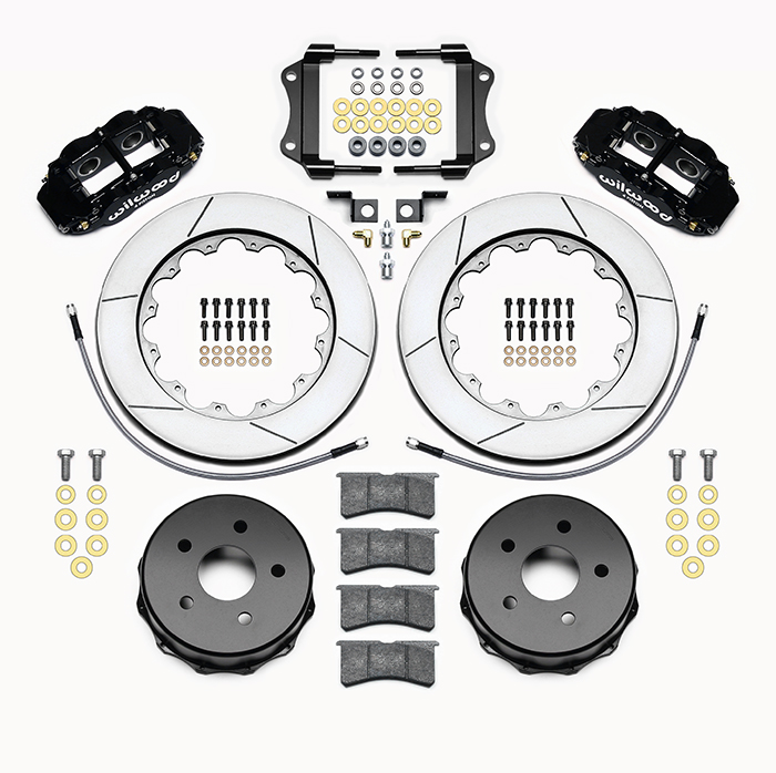 Wilwood Forged Narrow Superlite 4R Big Brake Rear Brake Kit For OE Parking Brake Parts Laid Out - Black Powder Coat Caliper - GT Slotted Rotor